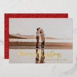 Moderne, minimale 1 foto rode kerstmis folie feestdagenkaart<br><div class="desc">Vrolijk kerstfeest moderne 1 fotokerstkaart. Moderne,  zwarte,  rode en witte vakantiemodel. De tekst van het manuscript met een moderne rand. Met de hand geschilderde polka stip spotty backer. Verander de backerkleur om aan te passen.</div>