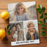 Moderne minimale 3 foto collage met tekst theedoek<br><div class="desc">Fotoschool en een eenvoudig tekstblok voor uw type. Een modern en minimaal ontwerp met een raster van 3 foto's. Een unieke manier om herinneringen vast te leggen en te delen met vrienden en familie.</div>
