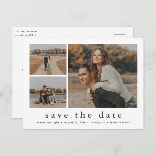 Moderne Minimale 3 Foto sparen de Datum Aankondigingskaart (Voorkant / Achterkant)