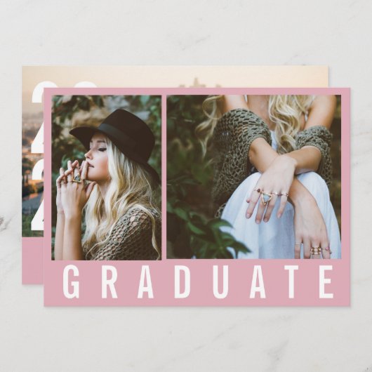 Moderne minimale 3 foto's afstuderen eenvoudig roz aankondiging (Voorkant / Achterkant)