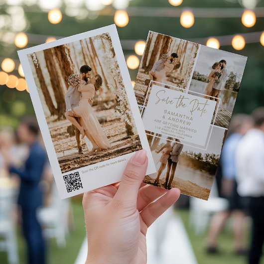 Moderne minimale 4-foto gouden QR bruiloft Save The Date
