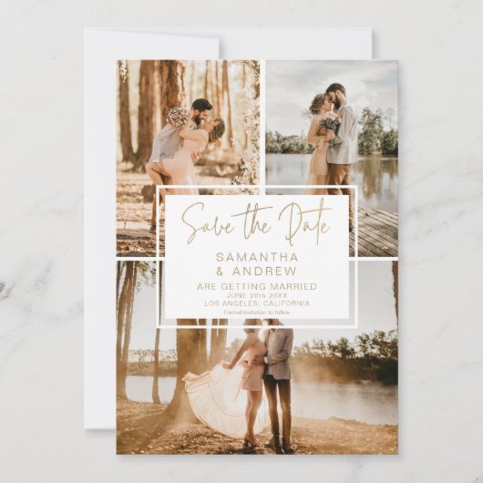 Moderne minimale 4-foto gouden QR bruiloft Save The Date (Voorkant)