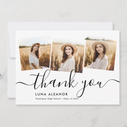 Moderne minimale 4 Photo Collage Script-Afstuderen Bedankkaart (Voorkant)