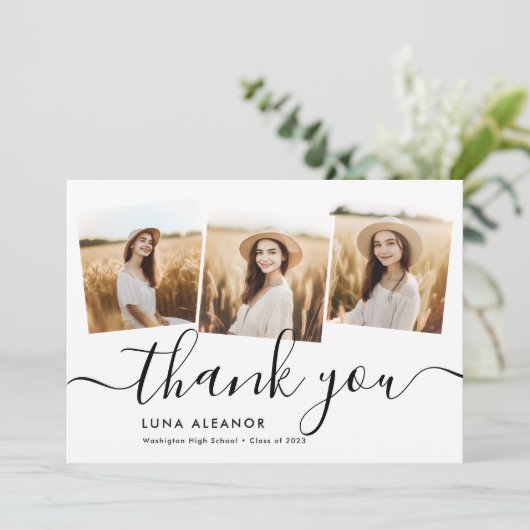 Moderne minimale 4 Photo Collage Script-Afstuderen Bedankkaart (Staand voorkant)