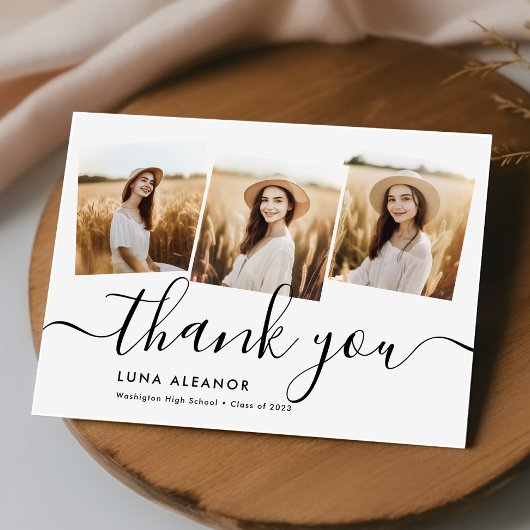 Moderne minimale 4 Photo Collage Script-Afstuderen Bedankkaart