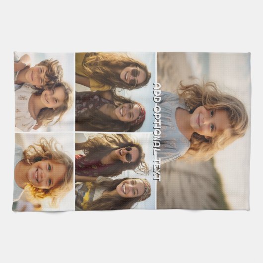 Moderne minimale 5 foto collage met tekst theedoek (Horizontaal)