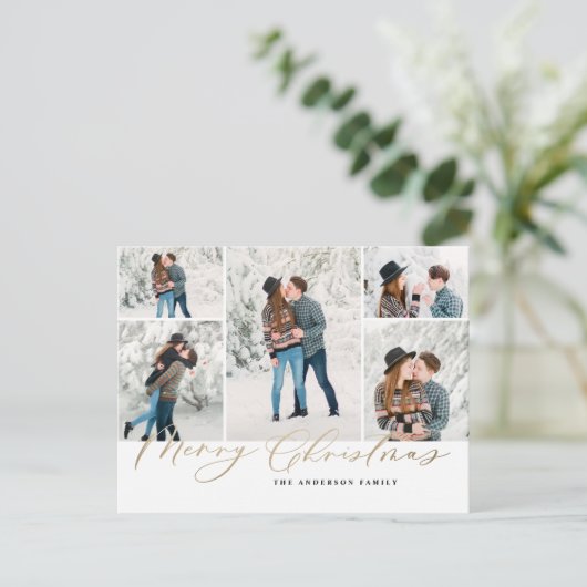 Moderne, minimale 5-foto-kerstelegant script feestdagenkaart (Staand voorkant)