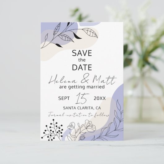 Moderne minimale Abstracte Botanische Lijn Kunst B Save The Date (Staand voorkant)