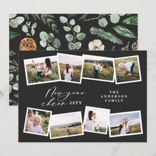 Moderne minimale acht foto's nieuw jaar zwarte fam feestdagenkaart (Voorkant / Achterkant)