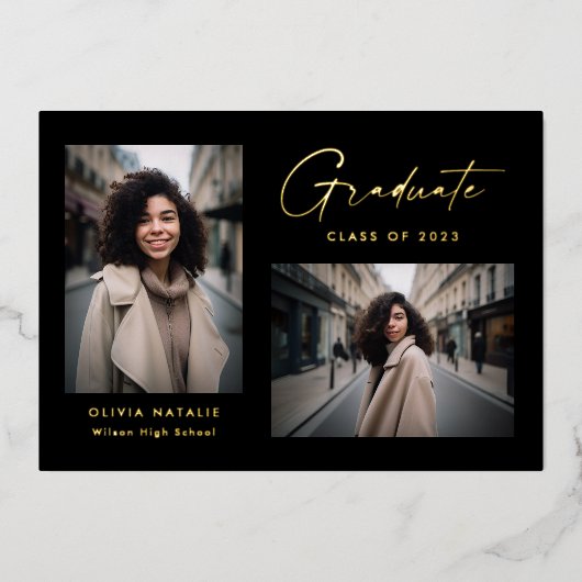 Moderne, minimale Afstuderen voor zwart-wit en Gol Folie Uitnodiging (Voorkant)