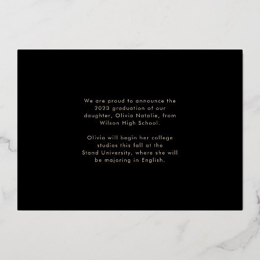 Moderne, minimale Afstuderen voor zwart-wit en Gol Folie Uitnodiging (Achterkant)