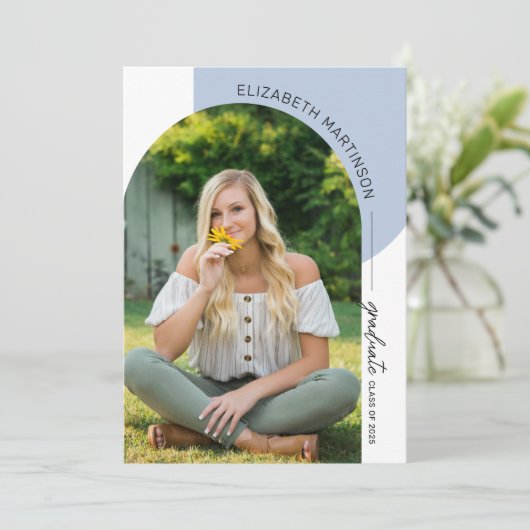 Moderne minimale Arch 2 Photo Blue Afstuderen Kaart (Staand voorkant)