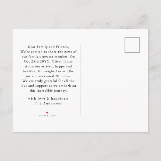 Moderne minimale Baby foto dank u script hart Aankondigingskaart (Achterkant)