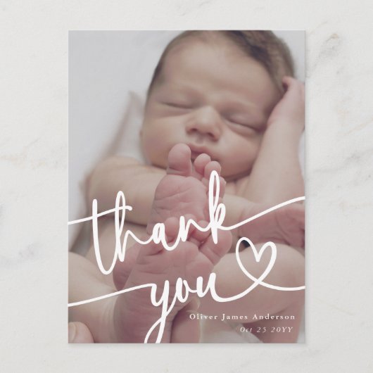 Moderne minimale Baby foto dank u script hart Aankondigingskaart (Voorkant)