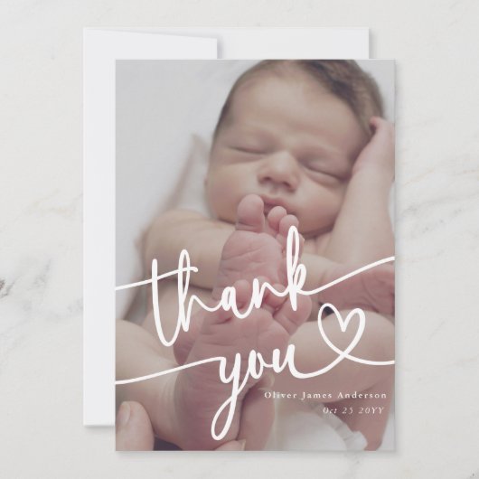 Moderne minimale Baby foto dank u script hart Bedankkaart (Voorkant)