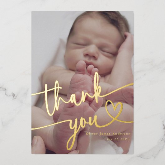 Moderne minimale Baby foto dank u script hart Folie Feestdagenkaart (Voorkant)