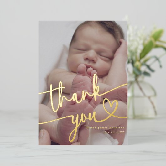 Moderne minimale Baby foto dank u script hart Folie Feestdagenkaart (Staand Voorkant)