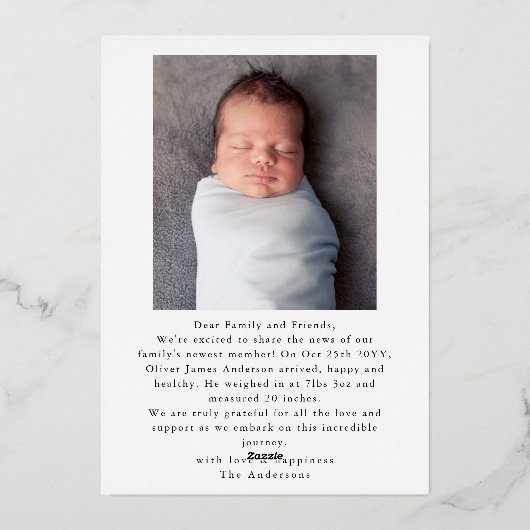 Moderne minimale Baby foto dank u script hart Folie Feestdagenkaart (Achterkant)