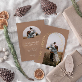 Moderne Minimale Beige Boog 2 Foto Prettig Kerstfe Folie Feestdagenkaart