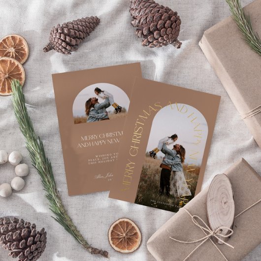 Moderne Minimale Beige Boog 2 Foto Prettig Kerstfe Folie Feestdagenkaart