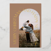 Moderne Minimale Beige Boog 2 Foto Prettig Kerstfe Folie Feestdagenkaart (Voorkant)