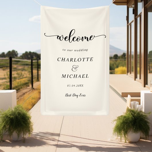 Moderne, minimale, beige, bruiloft welkom spandoek