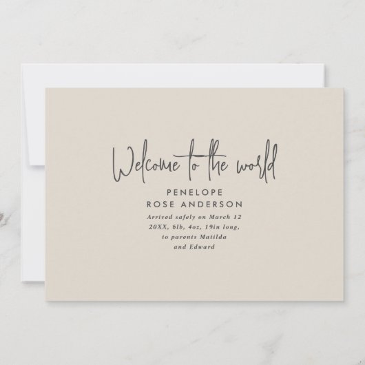 Moderne minimale beige eenvoudige foto geboorte aankondiging (Achterkant)