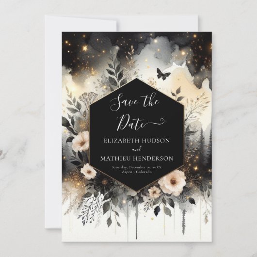 Moderne minimale betoverde bos bruiloft save the date (Voorkant)