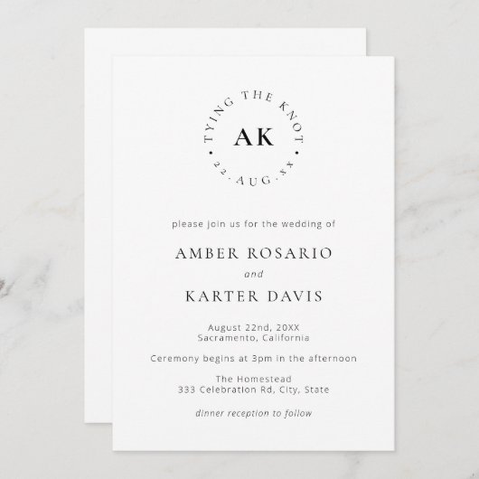 Moderne minimale binding van de knoop Monogram bru Kaart (Voorkant / Achterkant)