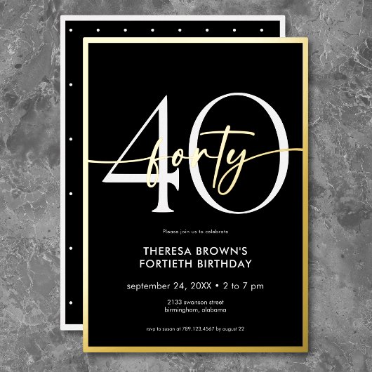 Moderne minimale Black Gold Script Verjaardag Folie Uitnodiging