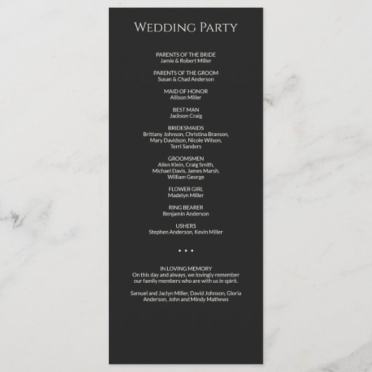 Moderne minimale Black Noir bruiloft ceremonie Programmakaart (Achterkant)