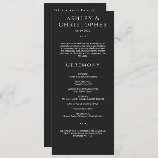Moderne minimale Black Noir bruiloft ceremonie Programmakaart (Voorkant / Achterkant)