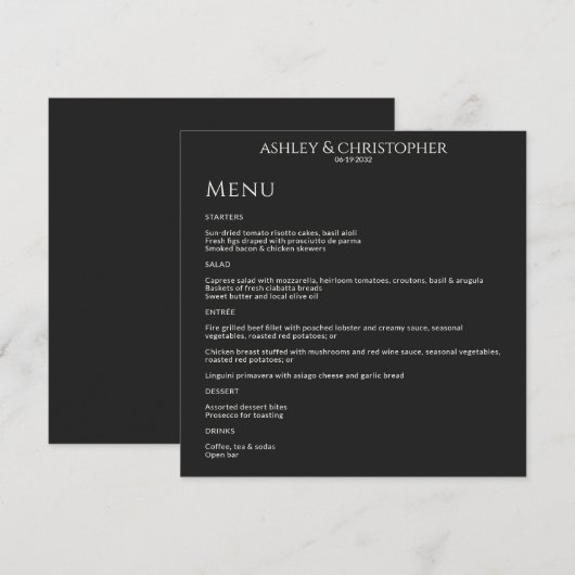 Moderne minimale Black Noir bruiloft receptie Menu (Voorkant / Achterkant)