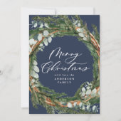 Moderne, minimale bladblaasjes met blauw kerstfees feestdagenkaart (Voorkant)