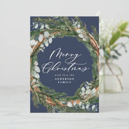 Moderne, minimale bladblaasjes met blauw kerstfees feestdagenkaart (Staand voorkant)