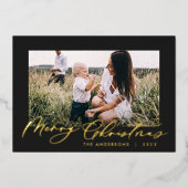 Moderne, minimale bladbladfotoscript elegant zwart folie feestdagenkaart (Voorkant)