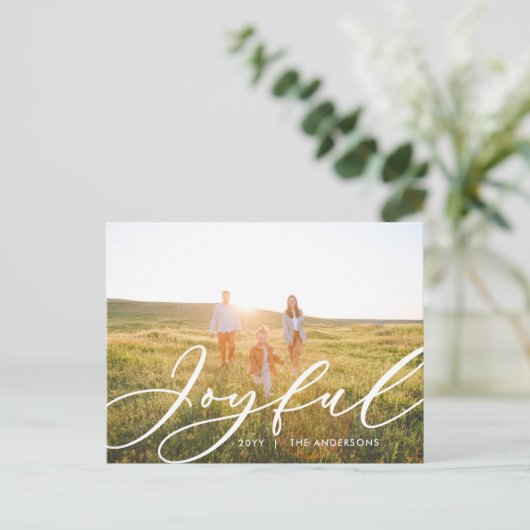 Moderne minimale bladergrootte 1-fotoscript elegan feestdagenkaart (Staand voorkant)