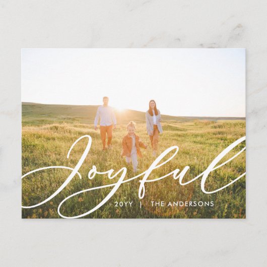 Moderne minimale bladergrootte 1-fotoscript elegan feestdagenkaart (Voorkant)