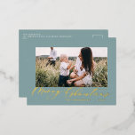 Moderne minimale bladzijden 1, elegant blauw fotos folie feestdagen briefkaart<br><div class="desc">Kerstelegante,  moderne zwarte typografie en 1 foto traditioneel briefkaart voor de klas. Real folie gold,  Silver en roos gold typografie detailleert.</div>