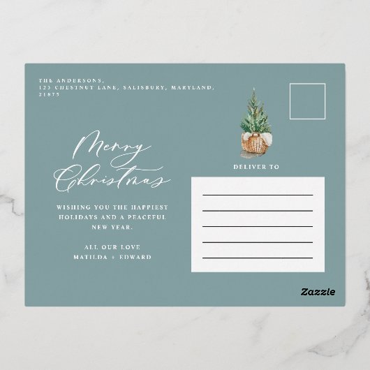 Moderne minimale bladzijden 1, elegant blauw fotos folie feestdagen briefkaart (Achterkant)