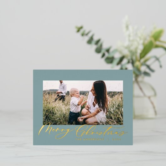 Moderne minimale bladzijden 1, elegant blauw fotos folie feestdagen briefkaart (Staand Voorkant)