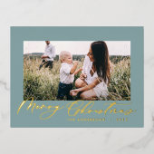 Moderne minimale bladzijden 1, elegant blauw fotos folie feestdagen briefkaart (Voorkant)