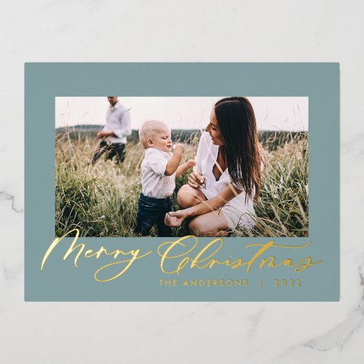 Moderne minimale bladzijden 1, elegant blauw fotos folie feestdagen briefkaart (Voorkant)