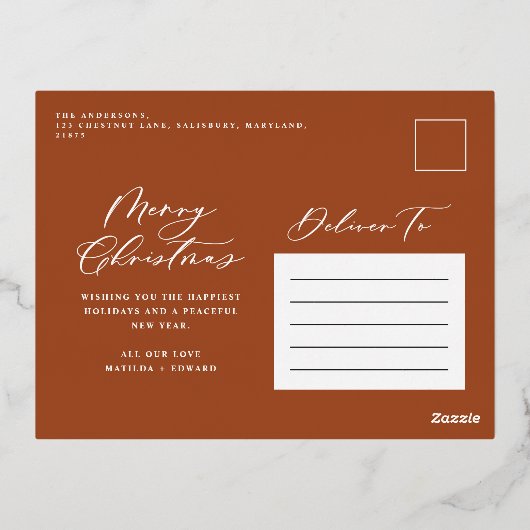 Moderne minimale bladzijden 1, elegante roestkrach folie feestdagen briefkaart (Achterkant)