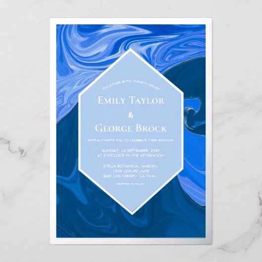 Moderne minimale blauwe golven Abstracte bruiloft  Folie Uitnodiging (Voorkant)