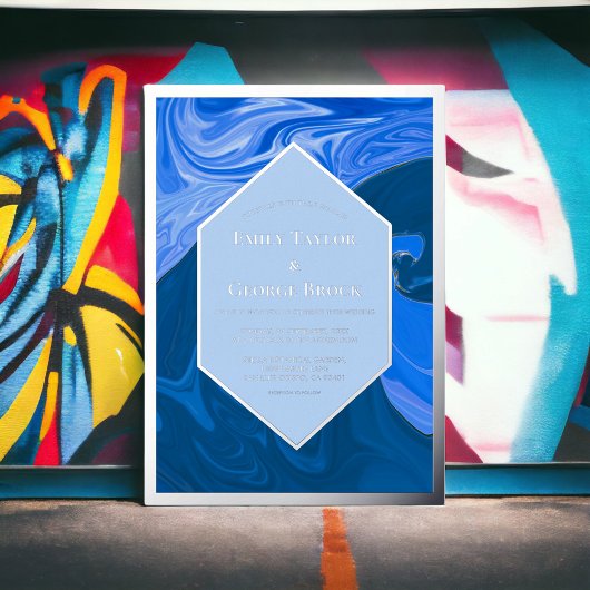 Moderne minimale blauwe golven Abstracte bruiloft Folie Uitnodiging