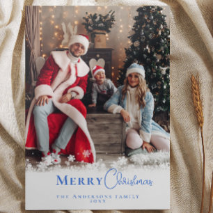 Moderne Minimale Blauwe Kerstfoto Sneeuwvlokken Feestdagenkaart