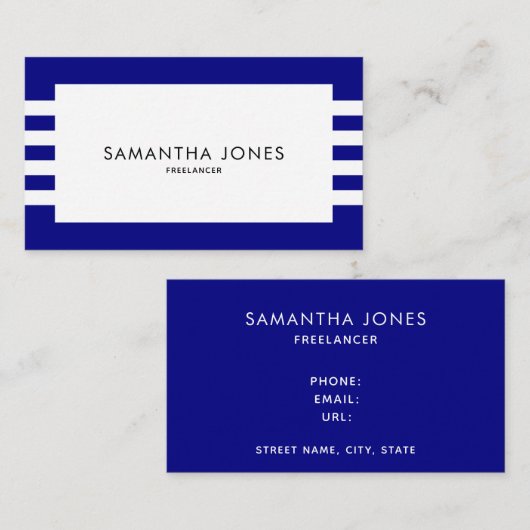 Moderne, minimale blauwe marinestreep Freelancer Visitekaartje (Voorkant / Achterkant)