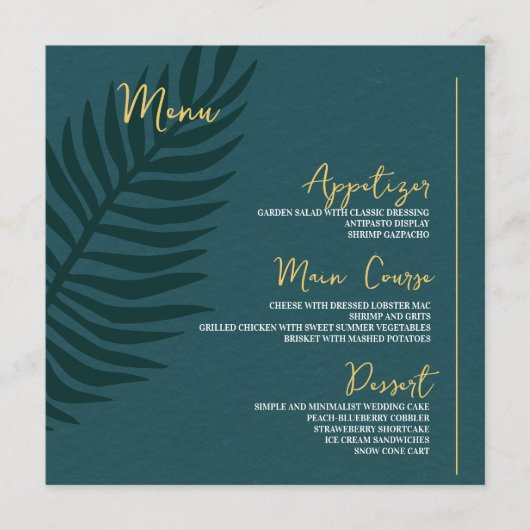 Moderne, minimale blauwe palm lef bruiloft menu (Voorkant)