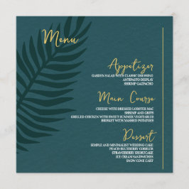Moderne, minimale blauwe palm lef bruiloft menu